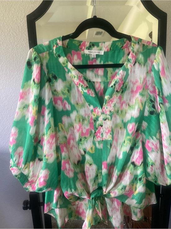 Rose & Olive Tops - Rose & Olive Green Floral Tie-Front Peasant Blouse
